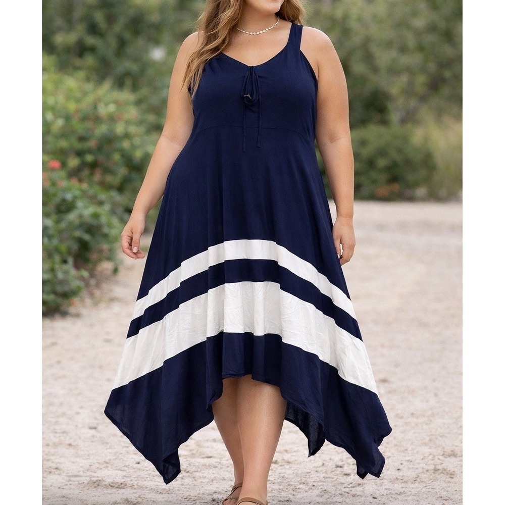 Venus Dress 3X Navy Blue White Stripe Handkerchief Hem Boho Fairy Cottagecore
